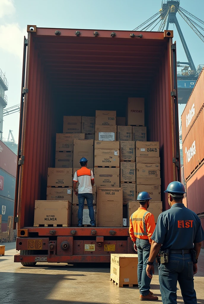 Make an image of a large container that is carrying a load full of fruit that is in organized boxes and that they are doing an inspection of the container to see that it does not have drugs