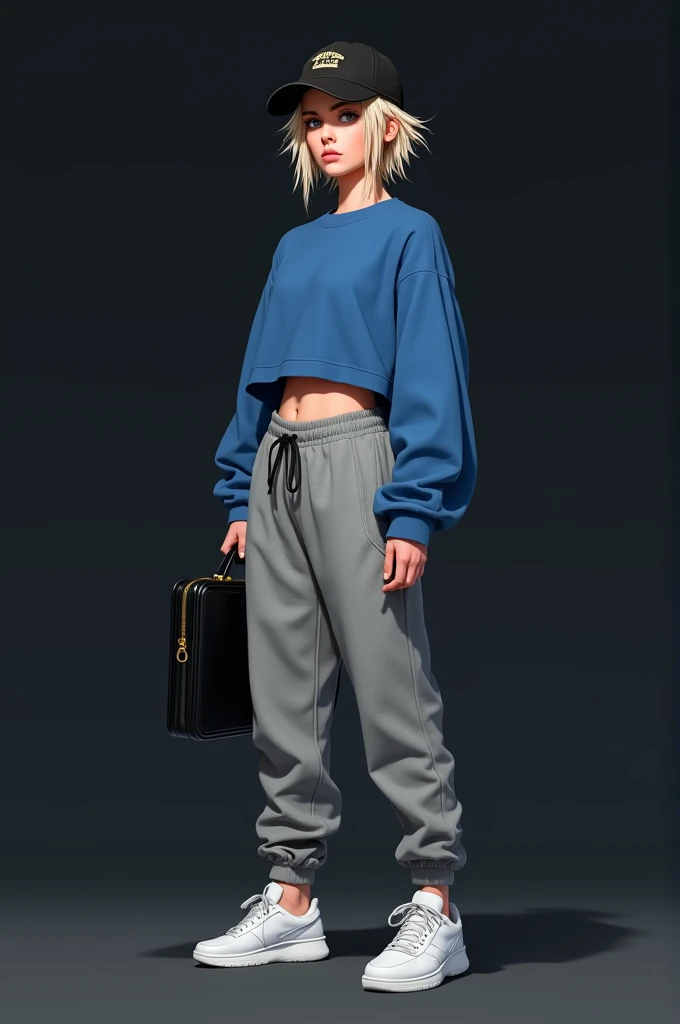 The image is a digital illustration of a young woman standing in a dark background. She is wearing a blue cropped sweatshirt, grey sweatpants, and white sneakers. She has a black baseball cap on her head and is holding a black briefcase in her left hand. Her hair is styled in a messy, edgy manner and she has a serious expression on her face. The overall style of the outfit is modern and edgy.