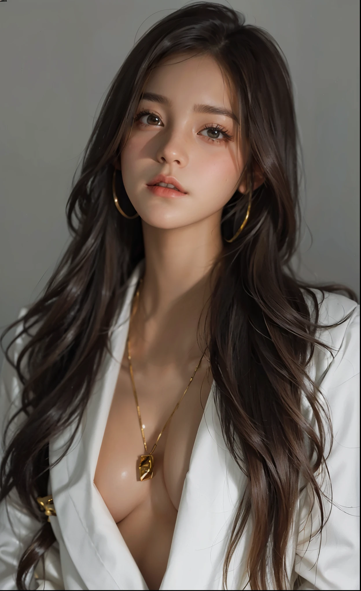 A woman wearing a white jacket and a gold necklace, long brown hair with bangs, Emma Watson girl with long hair, Brown long hair, 美しいEmma Watson Women, long flowing dark brown hair, long black hair with a thin sheen, Emma Watson Women, Long black hair, dark Brown long hair, Emma Watson Girl Portrait, Cindy Avelino