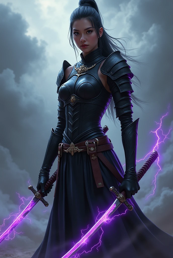 A swordswoman in black armor holding a purple katana with purple lightning