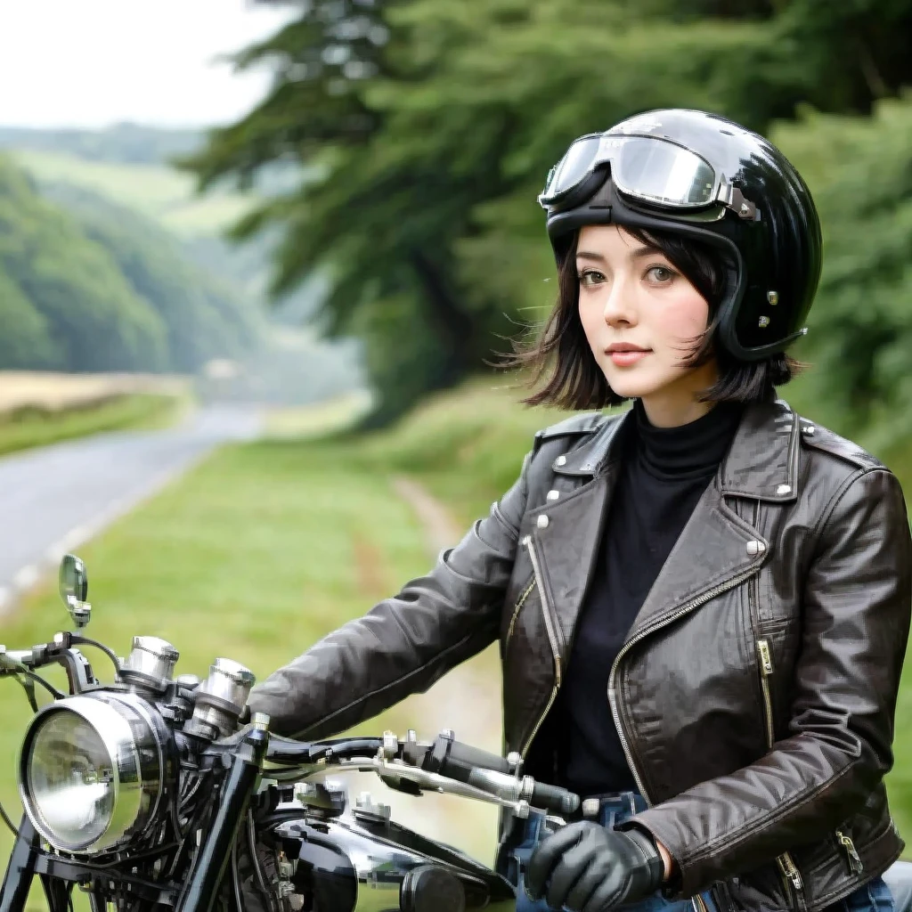Bluff Superior SS100、(クラシックRiding on motorcycle )、(Vintage Bikes、Bluff Superior SS100)、Isle of Man Races、 (Riding on motorcycle:1.2), Beautiful young woman、1、Beautiful Face, Beautiful and delicate eyes, Black Hair, Short Bob Hair, Classic Leather Jacket、Cromwell helmet with goggles、After the Rain、English countryside、 Detailed Description、(Highest quality, masterpiece, High resolution)、8k、wallpaper
