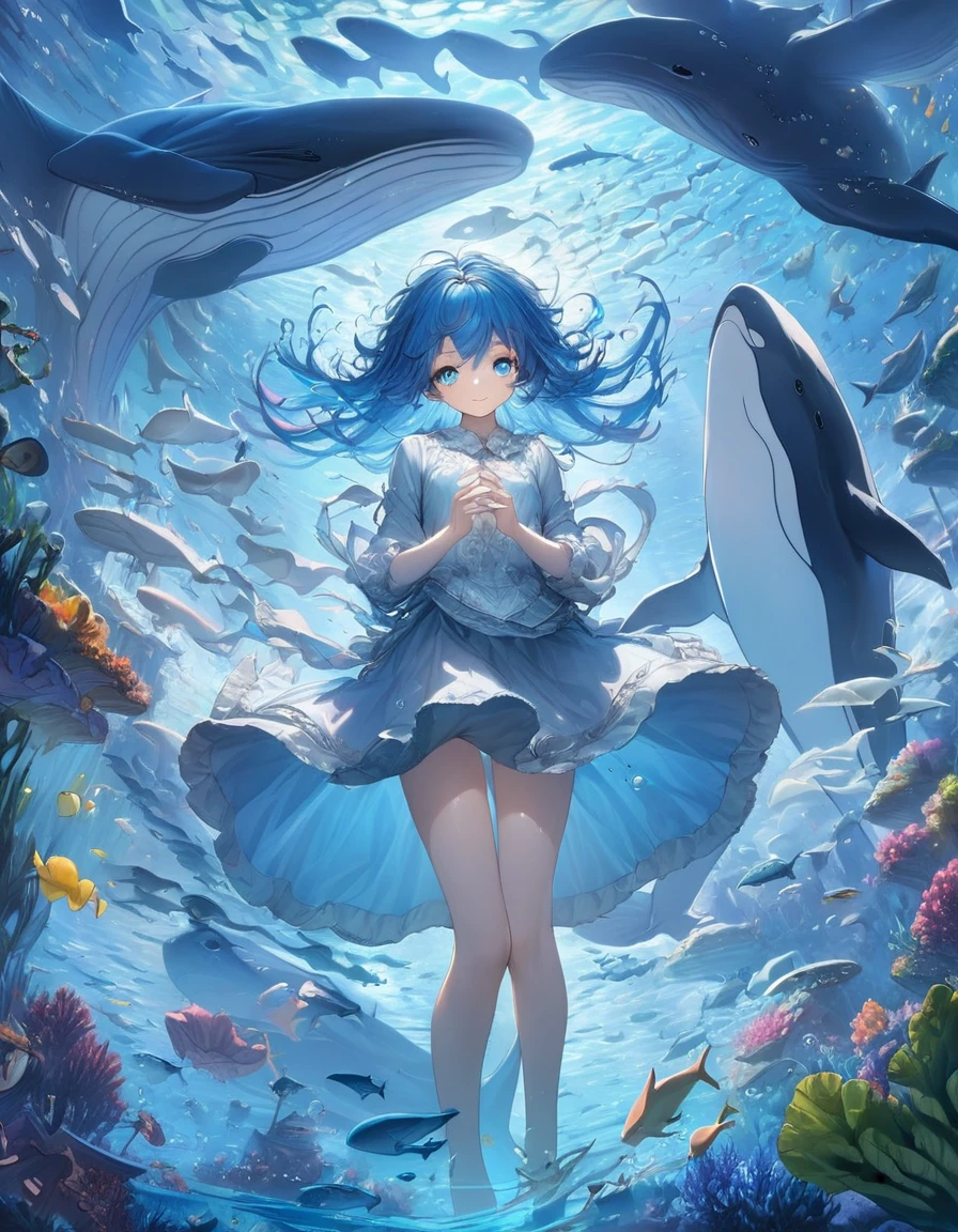 Highest quality、masterpiece、Very detailed、Finely detailed、High resolution、8k wallpaper、Fine and beautiful eyes、 girl with blue hair、Exact number of fingers、Big whale in the background、Mysterious underwater、A gentle smile、whole body、Hide your hands behind your back、Feeling like you're floating gracefully through the water、Fantasy、Countless firefly-like lights are flying