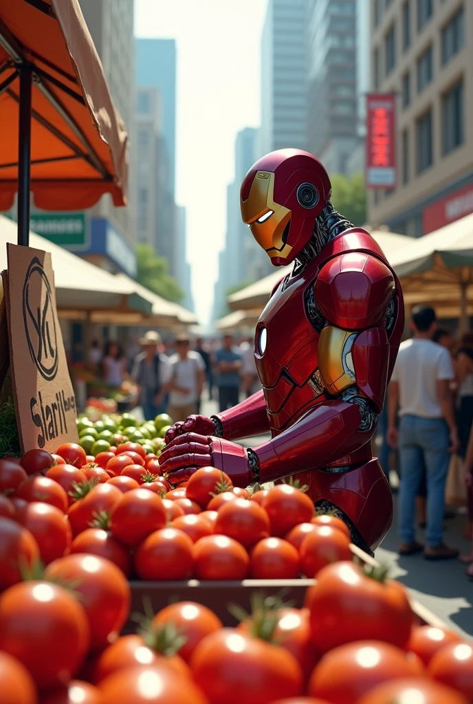 Iron man selling the tomatos in market