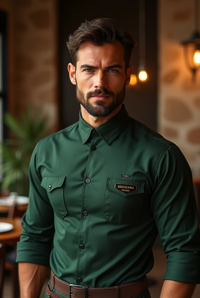 A handsome, virile masculine man wearing the green and brown formal uniform of the brand “Café Araucária” 