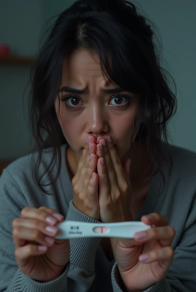 Shocked and distressed woman watching her pregnancy 
