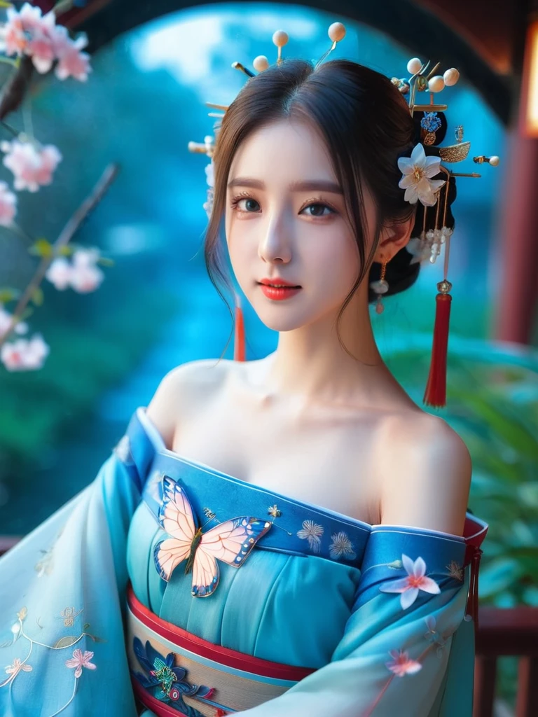 yanyuelou,1girl, colorful hanfu, bare_shoulders, wide_sleeves, cleavage, light_particles, Blue eyes,pink_butterfly, flowers, blue flowers,Upper body, star_\(sky\),