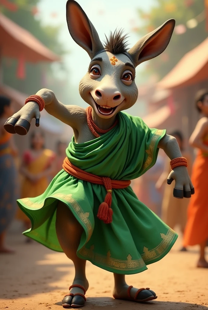 Donkey in green sari(dancing) (waving hands in side(dance step))(tika in forehead) (make her look little bit old)