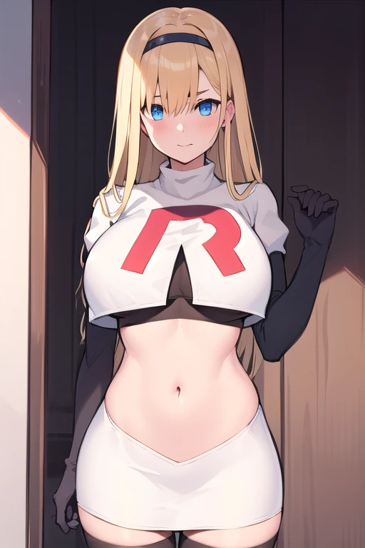 masterpiece, best quality,simple eyes,outdoors,1girl,north carolina,bangs, blonde_hair, blue_eyes,large breasts, eyebrows_visible_through_hair, hairband, long_hair, long_sleeves, looking_at_viewer, team rocket,team rocket uniform,white skirt,red letter R,crop top,black thigh-highs,black elbow gloves