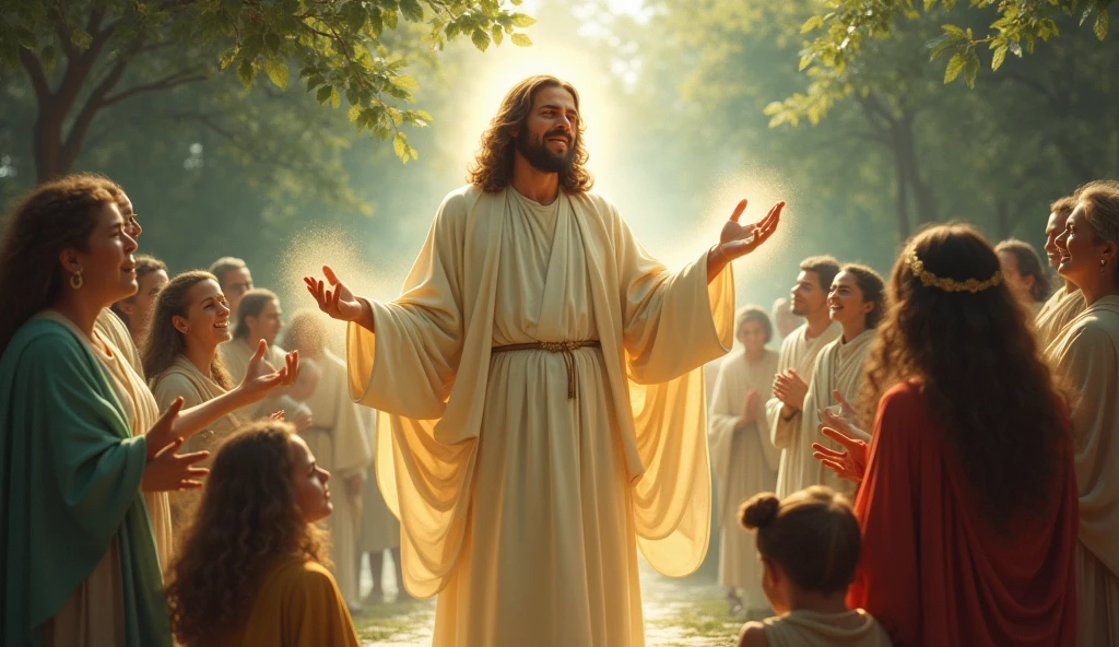 Create more images that portray a serene and compassionate saint, dressed in flowing robes and with a soft glow around her. She is performing the miracle of healing the sick