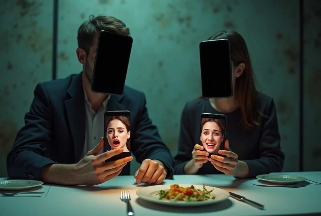 A couple, man and woman sit at the dinner table, they have cell phones for faces and have crying human faces in their hands being used like cell phones, surreal scene