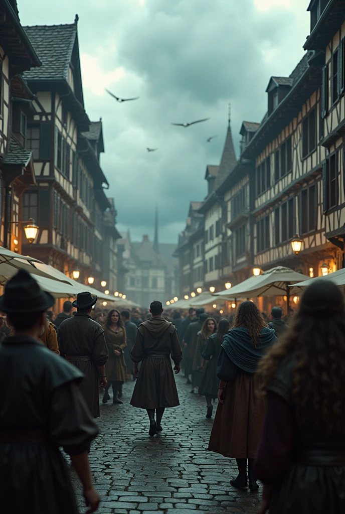 Full Body shot, Close-up shot, Low angle shot, (A bustling medieval town square in Strasbourg, with cobblestone streets and half-timbered houses. The scene is lively but suddenly disrupted by a crowd of people dancing uncontrollably. The dancers, dressed in 16th-century European clothing, look distressed, their movements frantic and unnatural. The townspeople watch in horror and confusion, their faces a mix of fear and bewilderment. The sky is overcast, casting an eerie light over the scene, with dark clouds gathering ominously in the background.) unreal engine, cinematic, hyper-real, highly detailed, Ultra realistic HD --q 2 --v 6.1 --ar 9:16