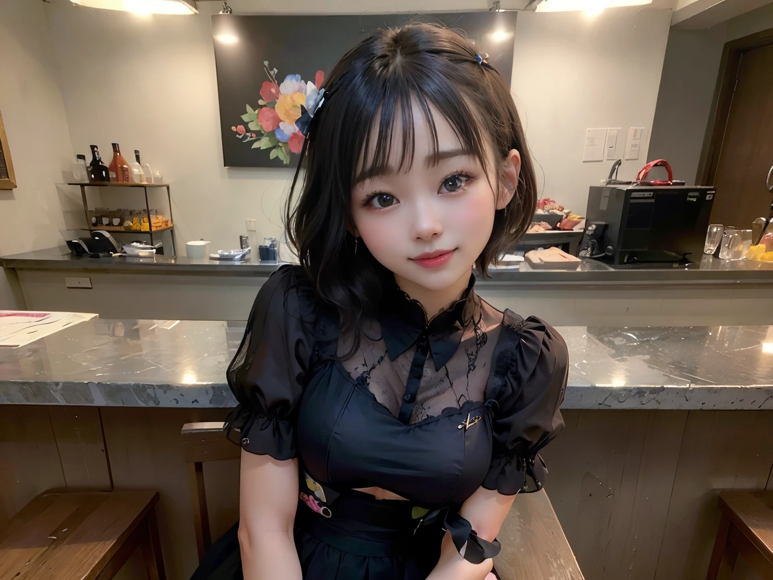 (Highest quality, masterpiece, Ultra-high resolution, 8k, RAW Photos, Realistic, Anatomically correct:1.5), 20-year-old girl:1.2, Embarrassing, avert your eyes, blush:1.0, View Viewer, ((bar)) 、Large windows、Night view、 Light:1.2, Bokeh, Cinema Lighting:1.0, Depth of written boundary, sharp、 Cute Face、Idol、(Black short sleeve lace top)、(Black tulle skirt)、(Navy blue clothes)、(Floral clothes)、”(dwarf)”、(Full Body Shot)、(Side angle)、Cowboy Shot、( smile)、((Ultra short hair、Berry Short))、(Straight bangs)、((See-through))、(( One woman))、Waist、(I can see your thighs)、look back、I can see your belly button、