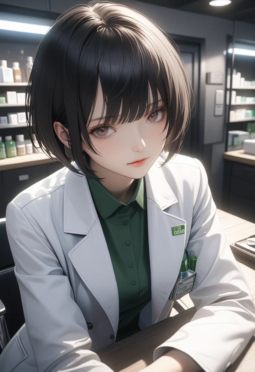 ((Highest quality)), ((masterpiece)), (detailed:1.4), Ray Tracing,NVIDIA,Super Resolution,Unreal 5,Scattered beneath the surface,PBR Texturing,Post-processing,Anisotropic Filtering,Depth of written boundary,Maximum clarity and sharpness,Female Pharmacist, (Look straight at me:1.3), (Polite service without tilting your head:1.2),  (A white coat that hides the lines of the body:1.3), (No body line:1.3), (Super Short Hair:1.3) Cowboy Shot, Health Room, Sulky look,black tights,sitting by the desk,