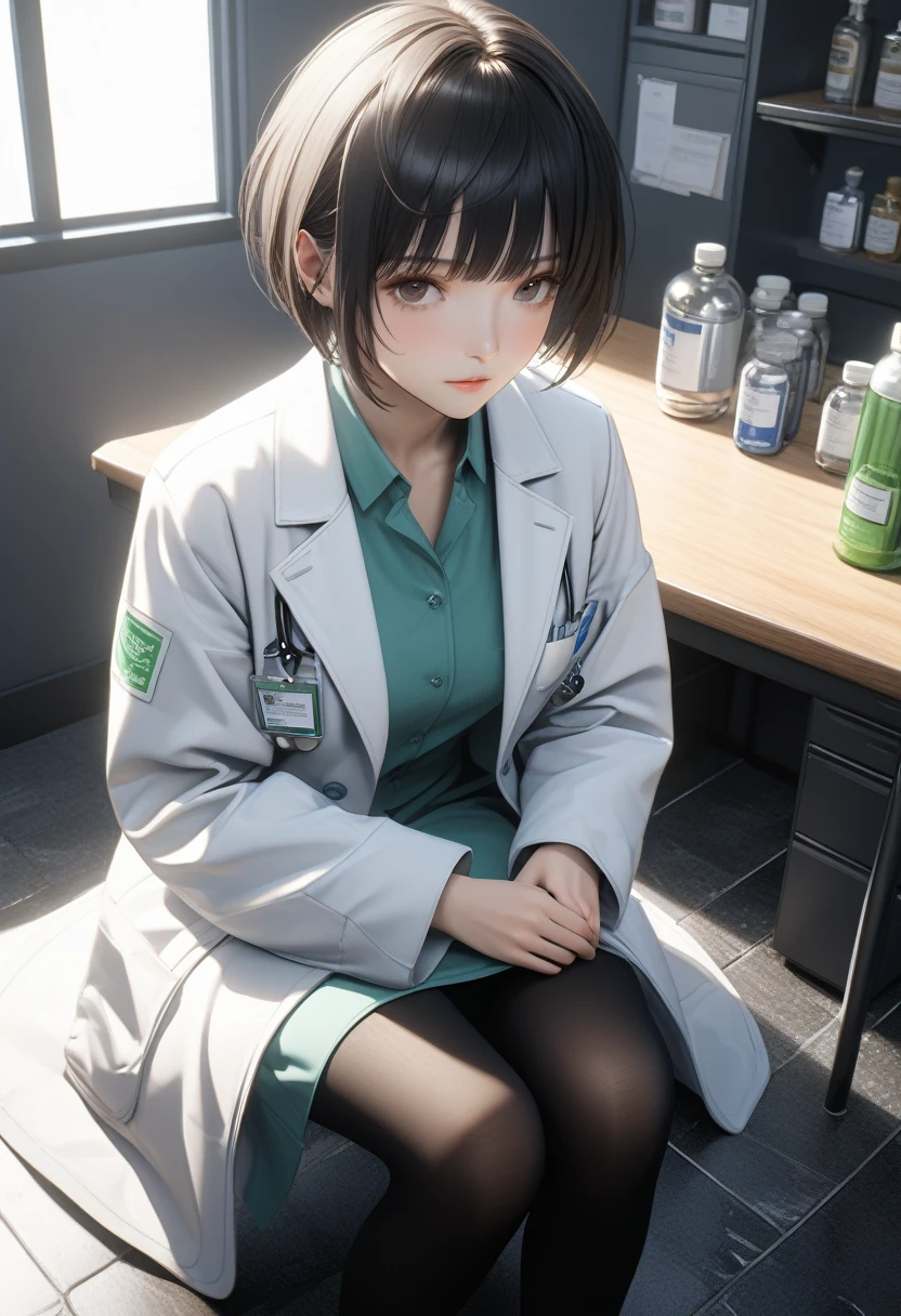 ((Highest quality)), ((masterpiece)), (detailed:1.4), Ray Tracing,NVIDIA,Super Resolution,Unreal 5,Scattered beneath the surface,PBR Texturing,Post-processing,Anisotropic Filtering,Depth of written boundary,Maximum clarity and sharpness,Female Pharmacist, (Look straight at me:1.3), (Polite service without tilting your head:1.2),  (A white coat that hides the lines of the body:1.3), (No body line:1.3), (Super Short Hair:1.3) Cowboy Shot, Health Room, Sulky look,black tights,sitting by the desk,