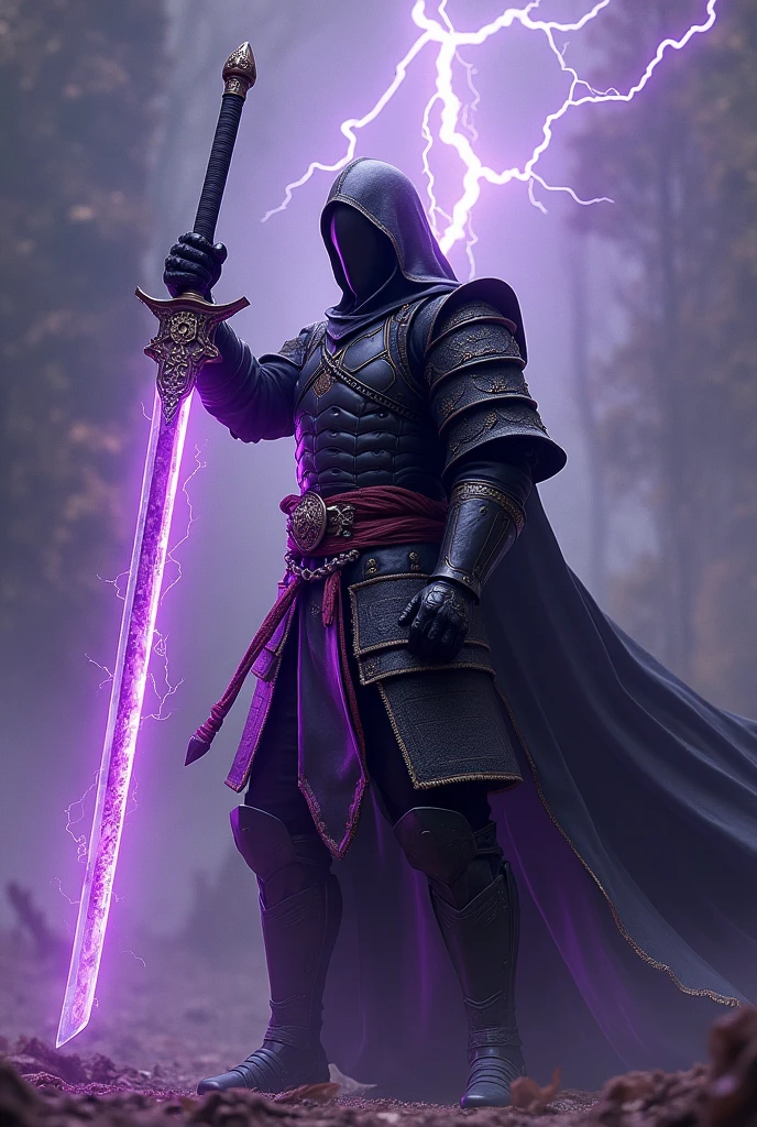 A swordsman in black armor holding a purple katana with purple lightning
