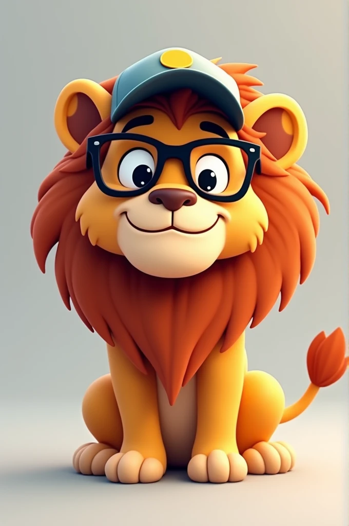 An animated lion with glasses and cap on a grey background 