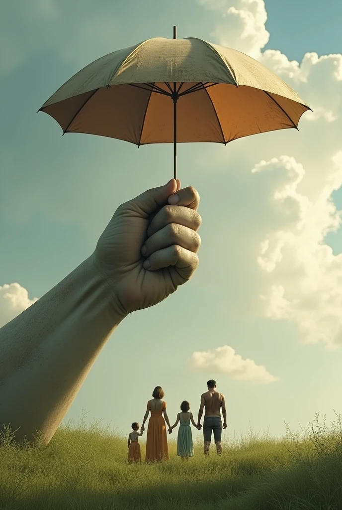 A humongous hand holding up an umbrella overa family of four