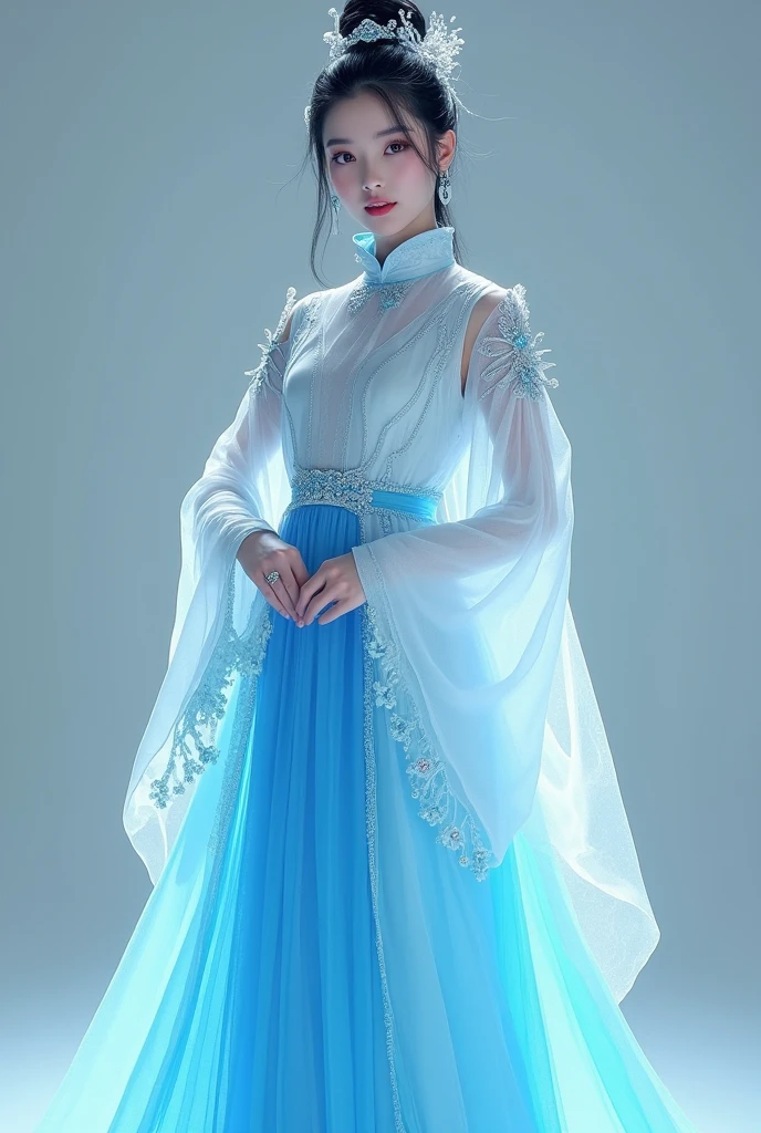 (Full Body), A luminous Chinese beauty (Dilraba Dilmurat) from ancient dynasties (221 BCE - 220 CE) stands majestically against a neutral background, her vibrant white-blue twotone Wuxia attire radiating an otherworldly aura. David Lachapelle's lens captures the frozen moment of her polished body, Si-fi graphics luminescent attire, and captivating gaze meeting the camera with unflinching intensity. reflected light liquid metal fabric attire, 8K resolution reveals razor-sharp features, high-contrast details, and Traditional Chinese hairstyles, while a subtle sheen on her lips hints at the application of Traditional lipstick, spiritual cosmic to realistic, reflected light Glass hair pin