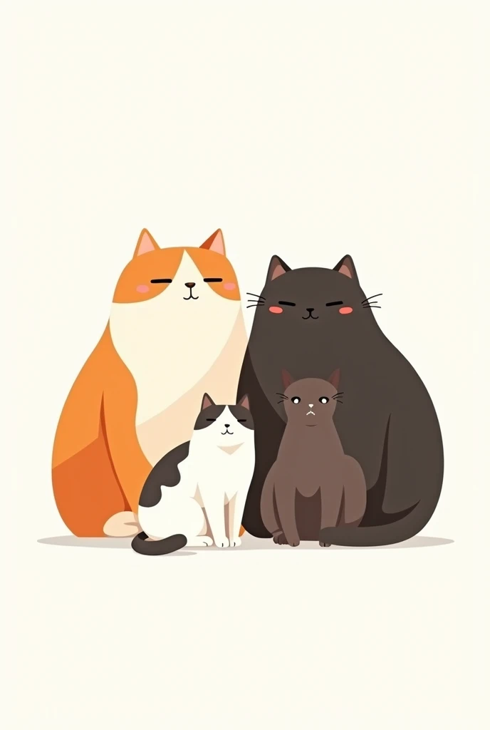 create me a wallpaper of 4 cats together 1 orange with white with lots of hair big 1 big chubby black 1 dark brown with white on its chest big 1 only white with black small not so much in minimalist style drawing with white background