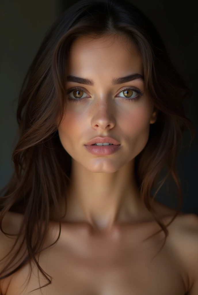 Pretty Lady,, dark make-up, Hyper detailed photography, smooth light, head and breast portrait, cover,, best quality, (detailed beautiful face, detail skin texture, ultra-detailed body:1.1) brown hair, Hazel Eyes 18 Years , naked