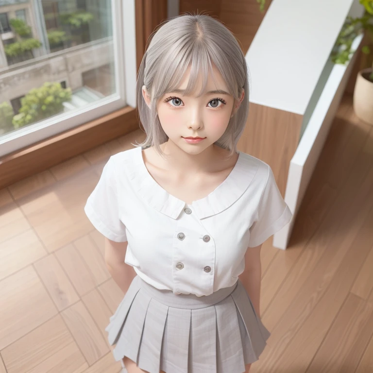 detailed face, cute face, ((masterpiece)), (Highest quality))), (Character design sheet, National costume, same characters, front, ~ side, return), figure, 1 girl, whole body, Silver Hair, eyes hair, Beautiful Eyes, Princess Cut, Environmental change scene, Short skirt, Shyness, woman, girl, Are standing, Gothic ta, VTuber, Chartern Betarola, (simple returnground, white returnground: 1.3) ( masterpiece:1.2), (Highest quality:1.3)