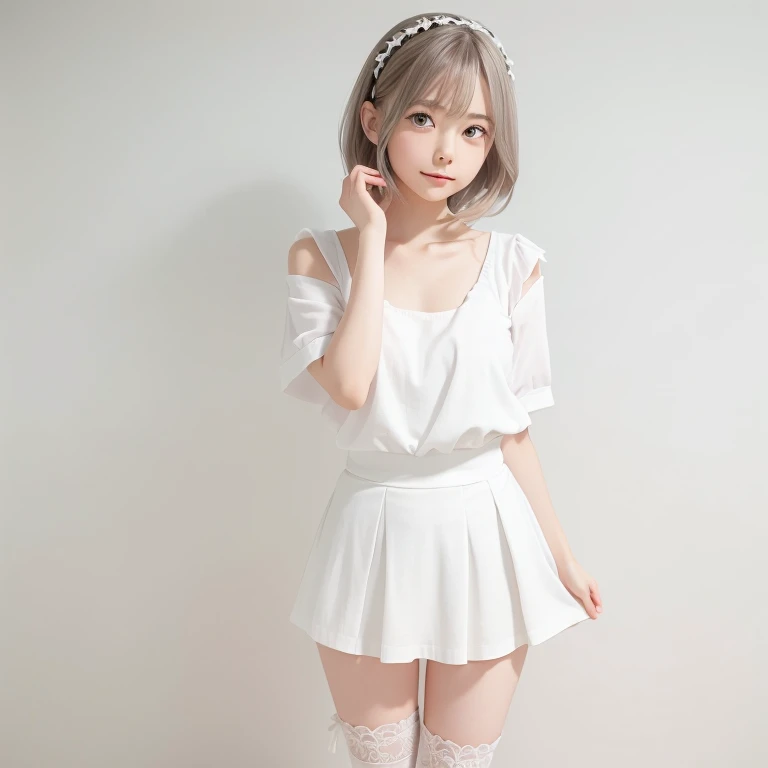 detailed face, cute face, ((masterpiece)), (Highest quality))), (Character design sheet, National costume, same characters, front, ~ side, return), figure, 1 girl, whole body, Silver Hair, eyes hair, Beautiful Eyes, Princess Cut, Environmental change scene, Short skirt, Shyness, woman, girl, Are standing, Gothic ta, VTuber, Chartern Betarola, (simple returnground, white returnground: 1.3) ( masterpiece:1.2), (Highest quality:1.3)