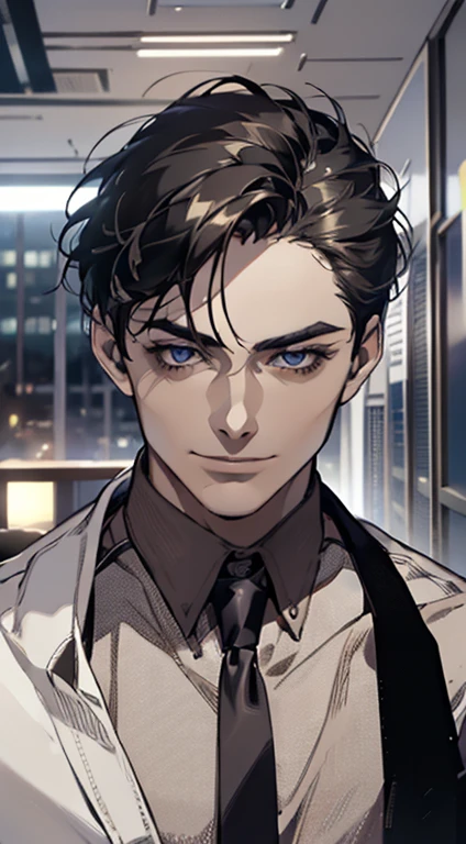 (best quality, masterpiece, 8K, photorealistic, cinematic lighting, hdr image, ultra detailed, beautiful image), 1 man, 3, mature man, very handsome, (without expression, smile), short black hair, blue eyes ( penetrating gaze), perfect face without errors, imposing posture, without errors, businessman, office background