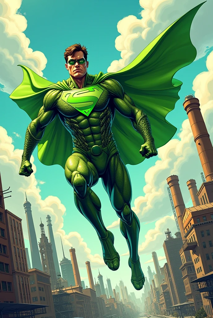 Create me an image for a comic book cover called Super Recycled and where the character is a superhero and has a green cape and his skin is green with an S on his chest.