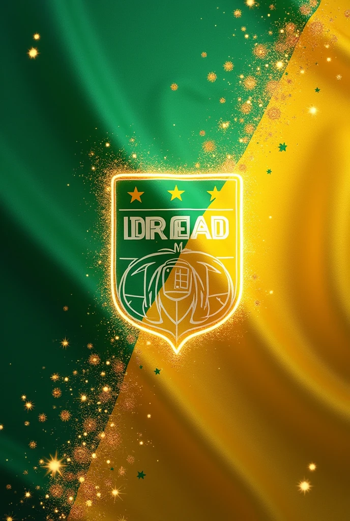 Create a flag for a soccer sports team, that has the colors green , dorado , white , Sparkles , stars , only background without any team's shield.