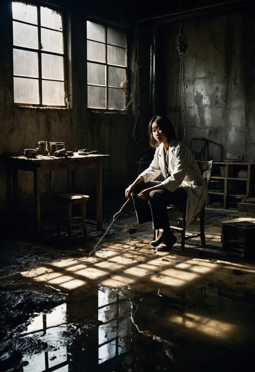 Abandoned warehouse interior, high ceiling with exposed beams, shafts of dusty light from broken windows, Genius Botanist beauty Misaki Sato tied to wooden chair in center, spotlight from single hanging bulb, determination on her bruised face, disheveled appearance, torn lab coat, sweat beading on forehead, ropes digging into wrists, dark silhouette of man in doorway holding gun, old machinery and crates creating ominous shadows, puddles on concrete floor reflecting light, distant sound of dripping water, rat scurrying in corner, tension palpable in air, high contrast noir-style lighting, gritty texture, thriller movie still, ultra-detailed, 8k --AR 16:9 --stylize 1000