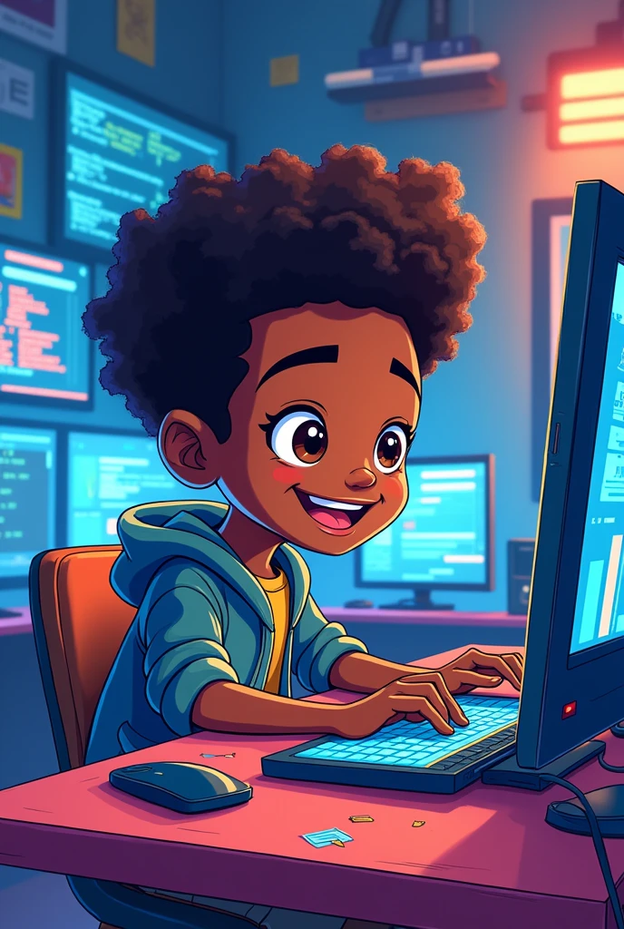 draw a young black programmer boy cartoon style