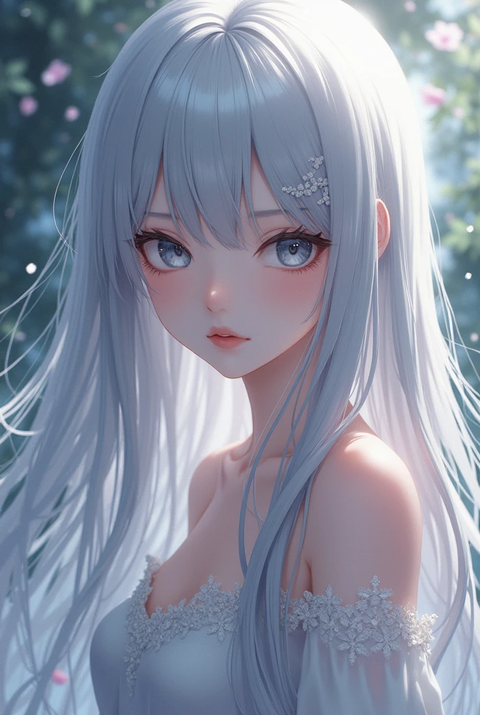 Anime female characters, long silver hair, ash gray eyes, shoulder length hair