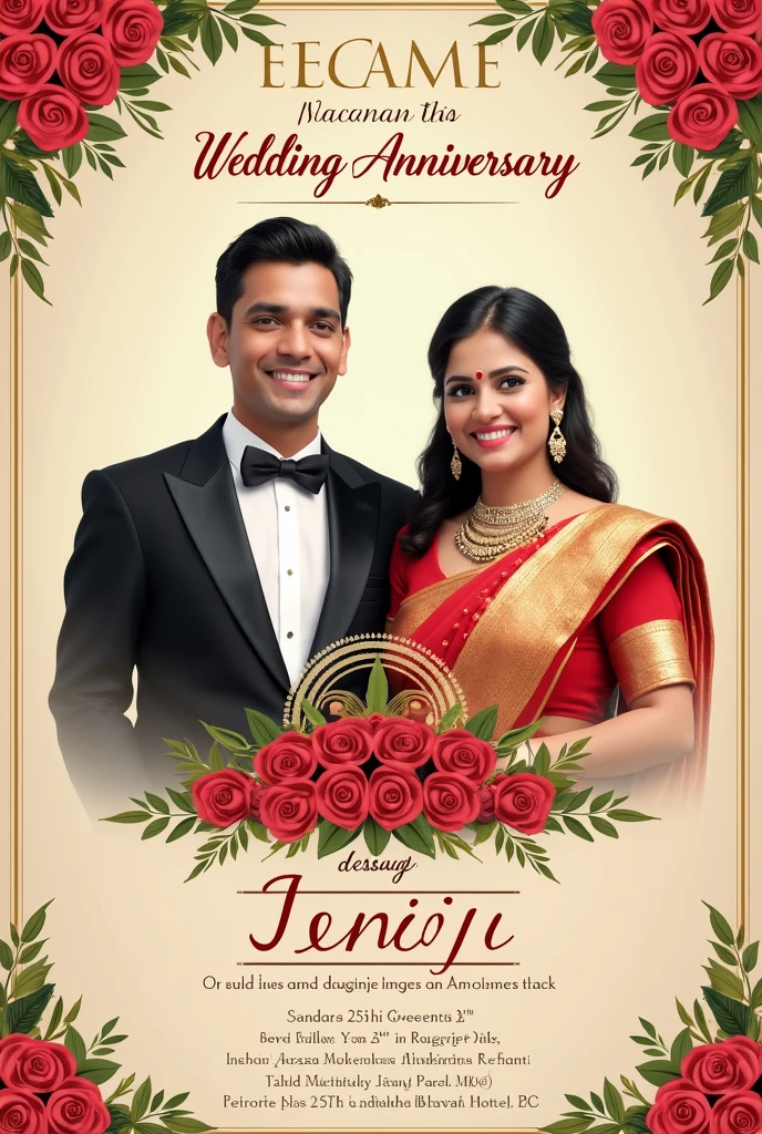 Poster for Invitation for 25th wedding anniversary of "Jenson and shiji" and celebration of their daughter "Sandra Jenson" receiving a job as a pilot at Jazzera airways Kuwait.
The function will be held at "Rukmini Hall, Anandha Bhavan hotel" on 2nd September 2024