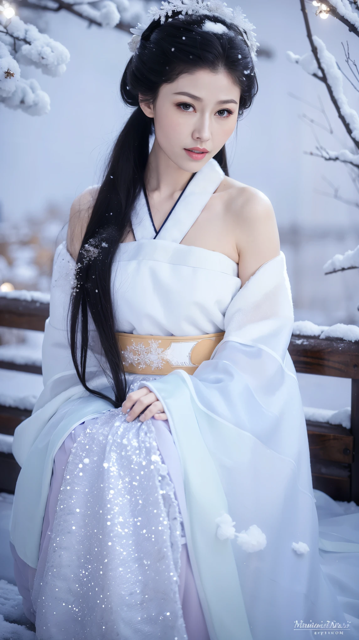 1 Fashion Model [[[[close up]]]], [[[[neck]]]], [[[[Shoulder]]]], (((Complete head)))，(((Complete hairstyle)))，Perfect eyes, Perfect Iris，Perfect lips，Perfect Teeth，Perfect skin，White skin，Soft headlights，High-density imaging，Black long hair，（Clean and delicate face），((White fur winter hanfu))，((full-body shot))，((The background is a snowy scene))，((winter))，((Various dynamic poses))，((The background is a snowy scene))，best quality，masterpiece，（Soft colors：1.2）