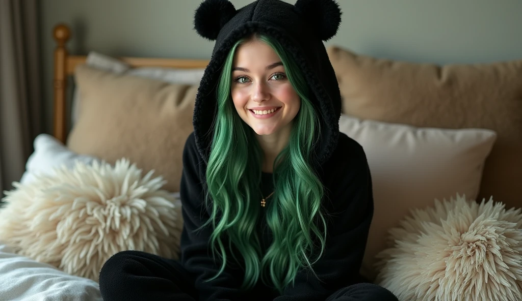 beautiful, (masterpiece), best quality, (extremely detailed face), extremely detailed eyes,  perfect lighting, OverallDetail, detailed, deep skin,textured skin,
,bear costume ,black bear costume, long sleeves, hood up,,mallow , long hair, green eyes, big smile,on bed ,sitting between pillows, aspect ratio 16:9
,