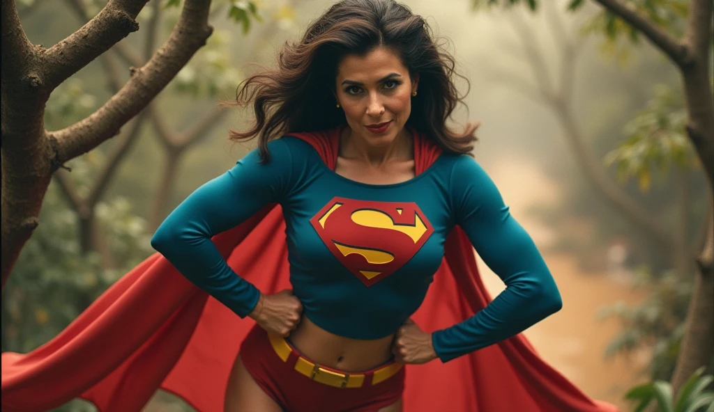broad vision; (((very beautiful old Supergirl (((1980s Superman costume))) Julie Hagerty(((dark-haired, large-breasted woman in her 50s)))) Super woman Julie Hagerty; confident, powerful, indestructible, attractive; big and firm chest; strong breasts; arms crossed, flutuando no ar, salvando um cachorro de uma arvore; arms of a strong woman. HD. Photograph, ((realism)), extremely high quality RAW photograph, ultra detailed photograph, sharp focus, high resolution, (detailed skin:1,3),high quality, film grain, Fujifilm XT3,Highly Detailed, movie, (Cinematic Photo:1.3) of (Realistic:1.3)