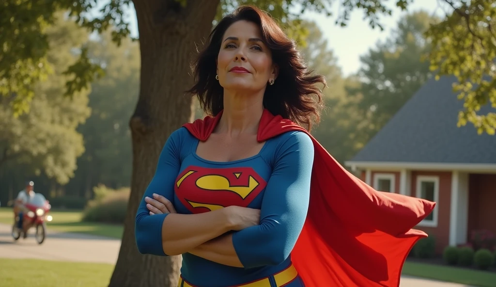 broad vision; (((very beautiful old Supergirl (((1980s Superman costume))) Julie Hagerty(((dark-haired, large-breasted woman in her 50s)))) Super woman Julie Hagerty; confident, powerful, indestructible, attractive; big and firm chest; strong breasts; arms crossed, flutuando no ar, salvando um cachorro de uma arvore; arms of a strong woman. HD. Photograph, ((realism)), extremely high quality RAW photograph, ultra detailed photograph, sharp focus, high resolution, (detailed skin:1,3),high quality, film grain, Fujifilm XT3,Highly Detailed, movie, (Cinematic Photo:1.3) of (Realistic:1.3)