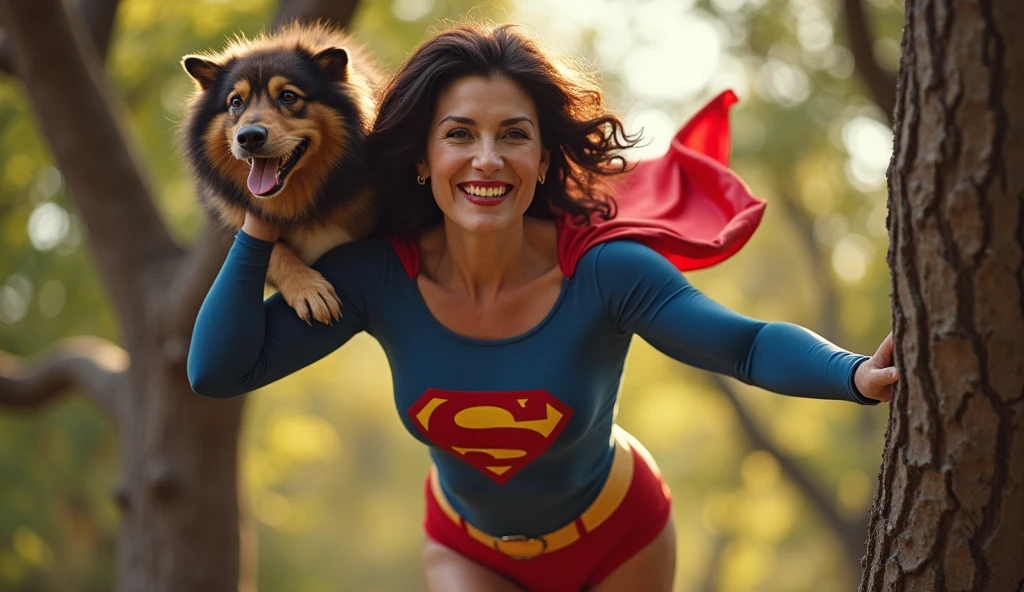 broad vision; (((very beautiful old Supergirl (((1980s Superman costume))) Julie Hagerty(((dark-haired, large-breasted woman in her 50s)))) Super woman Julie Hagerty; confident, powerful, indestructible, attractive; big and firm chest; strong breasts; arms crossed, flutuando no ar, salvando um cachorro de uma arvore; arms of a strong woman. HD. Photograph, ((realism)), extremely high quality RAW photograph, ultra detailed photograph, sharp focus, high resolution, (detailed skin:1,3),high quality, film grain, Fujifilm XT3,Highly Detailed, movie, (Cinematic Photo:1.3) of (Realistic:1.3)