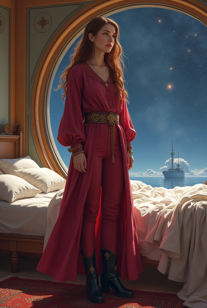 A cover for a fantasy romance novel with the title words “Beneath the Kingdom’s Shadow”: In a utopian sci-fi fantasy world, a farmer’s daughter named Tristin, aged 28, long chestnut hair, unassuming beauty, she is wearing a very modest long cranberry shirt that flares at the hips and cinched at the waist with a gold belt, matching pants that accentuate her long legs and tucked into feminine black boots. Backdrop is a simple yet elegant bedroom on a space station with a window that showcases the stars outside.