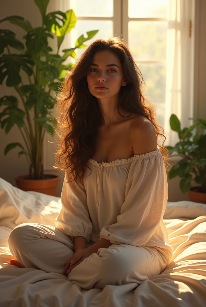 (photorealism:1.2), beautiful woman, sitting on bed, wearing loose off-shoulder top, pajama pants, long curly hair, indoors, soft lighting, plants in background, window with sunlight, cozy room, relaxed pose, realistic, intricate details, warm colors, by Greg Rutkowski, by Alphonse Mucha