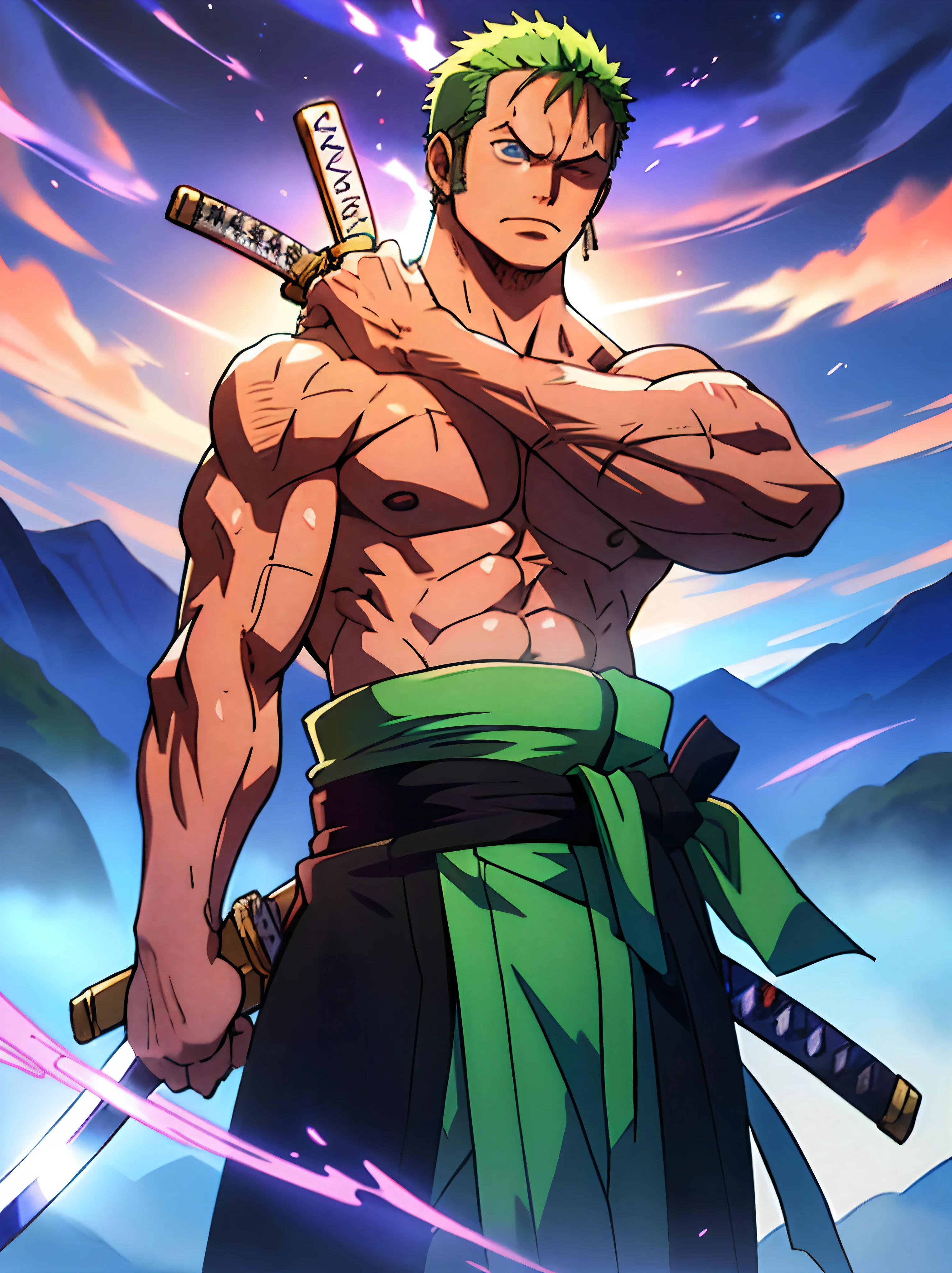 Roronoa Zoro (Masterpiece, 4k resolution, ultra-realistic, very detailed), (Theme of white samurai, charismatic, there is a swordsman with arms crossed next to a Japanese "isakaya" bar, wearing a blue kimono with cloud details on the "obi" track, he is commander of the first division of the leader of the mugiwara band, work "One Piece"), [ ((19 years), (short green hair:1.2),  full body, (blue eyes:1.2), ((Roronoa Zoro's cross plate pose), show of force, unsheathing his katana), ((Japanese rural environment):0.8)| (rural landscape, at dusk, dynamic lights), (blinded sun))]. # Explanation: Prompt mainly describes a 2164×1563 painting of ultra-high definition, very realistic, very detailed. It shows a swordsman, master of the Santoryu style of katanas, wearing a blue kimono with cloud details at the waist band. The subject in the painting is a subject of a white swordsman, holding with one hand his black katana enma, the male protagonist has short green hair, is 1 and his entire defined body is shown in the painting, with characteristics of pumped endomorph.