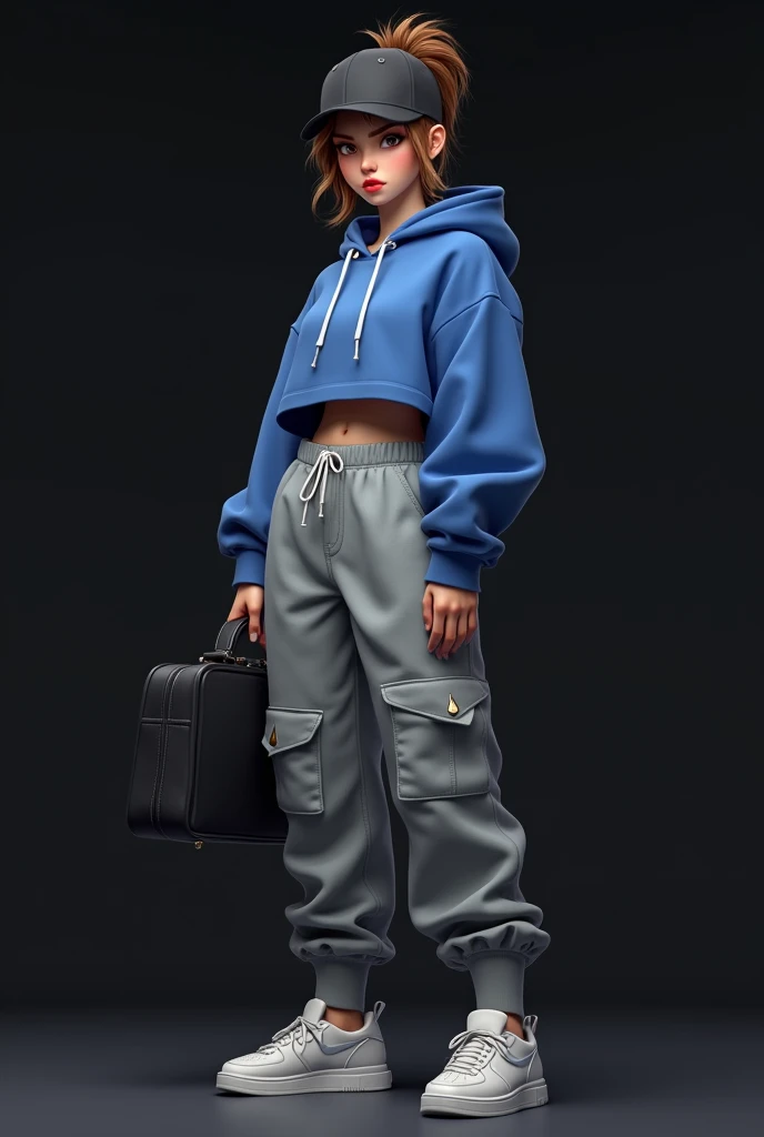 The image is a digital illustration of a young woman standing in a dark background. Realistic girl She is wearing a blue cropped sweatshirt, grey sweatpants, and white sneakers. She has a black baseball cap on her head and is holding a black briefcase in her left hand. Her hair is styled in a messy, edgy manner and she has a serious expression on her face. The overall style of the outfit is modern and edgy.