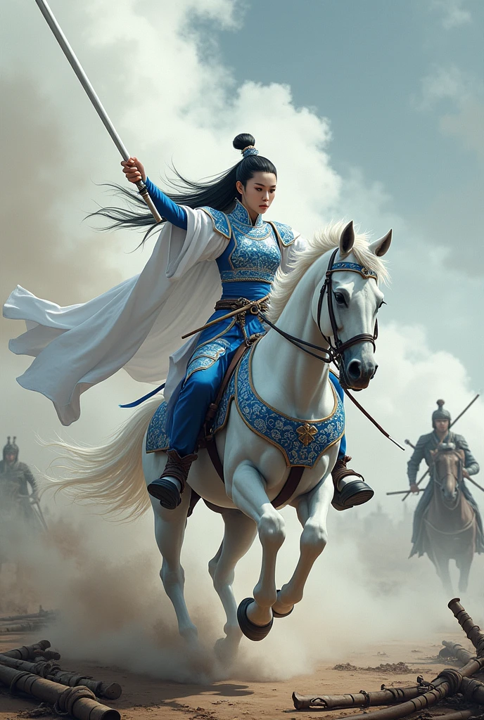 Chinese martial arts war scenes, Chinese girl in blue and white porcelain armor, Chinese ink painting style, Martial Arts Styles, weapon lance white riding white horse riding, Wind and smoke,Weapon,White Chinese clothing armor, White cape, Scapula, helmet, Black Hair, Ponytail