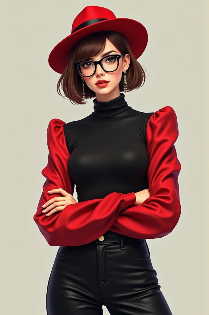 Female character with short brown hair wearing a red hat, a long-sleeved black blouse with red sleeves, long black pants, and black glasses 