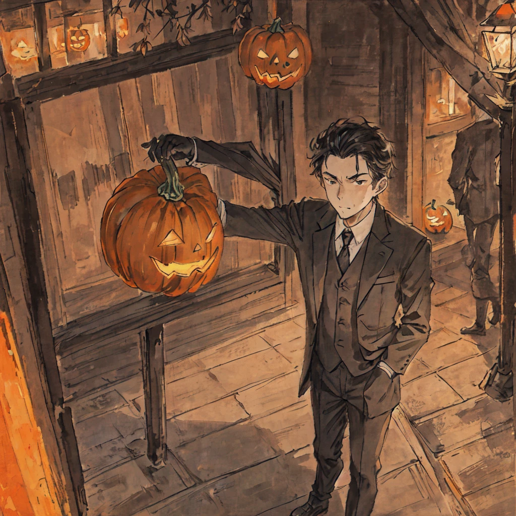 A man wearing a pumpkin head for Halloween、In a suit、Painting \(Moderate\),