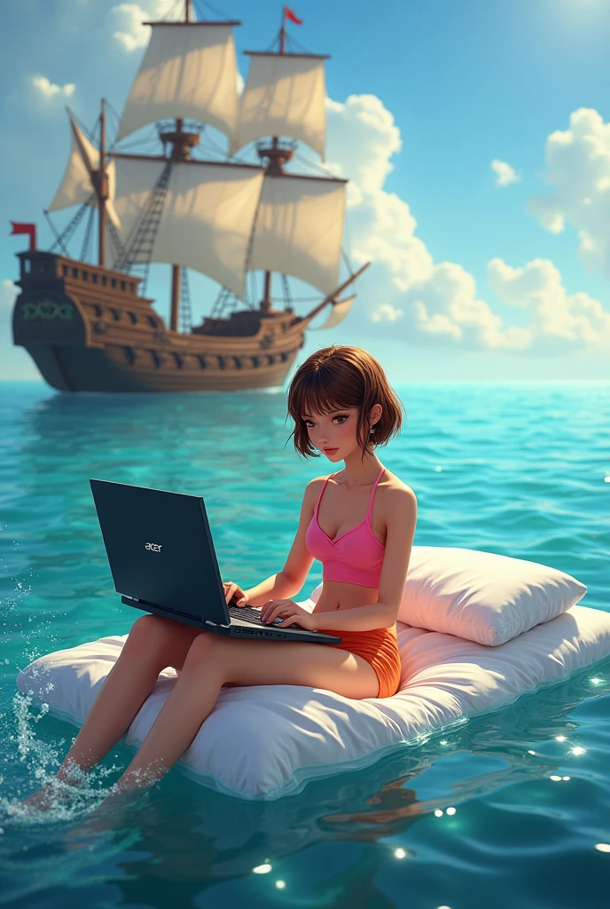 y woman, sitting on bed, floating in the ocean, playing acer computer, wearing pink top, orange short, short bang brown hair, pirate ship in background, sunlight, realistic, intricate details