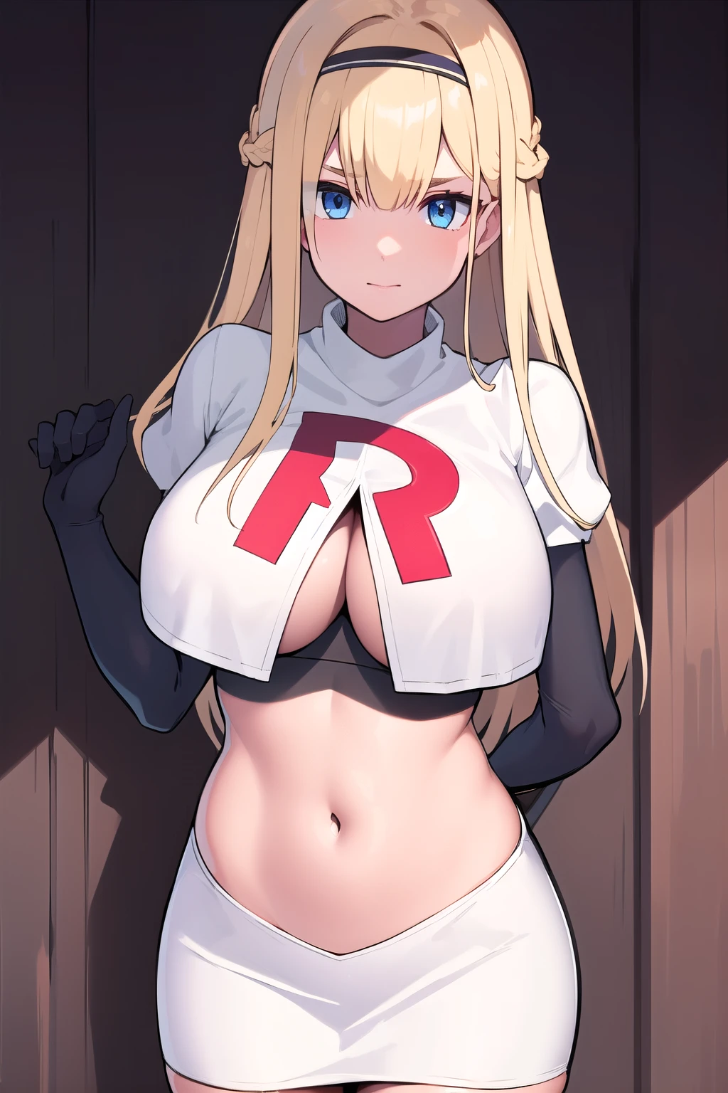 masterpiece, best quality,simple eyes,outdoors,1girl,north carolina,bangs, blonde_hair, blue_eyes,large breasts, eyebrows_visible_through_hair, hairband, long_hair, long_sleeves, looking_at_viewer, team rocket,team rocket uniform,white skirt,red letter R,crop top,black thigh-highs,black elbow gloves