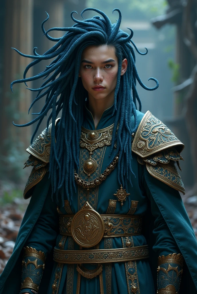 League of legends style, dark blue dreadlocks in the shape of tentacles, ancient warrior clothes, emperos clothes, masculine, young man without many muscles, no beard, human ears, dark clothes, masck, hererocrom, chaos