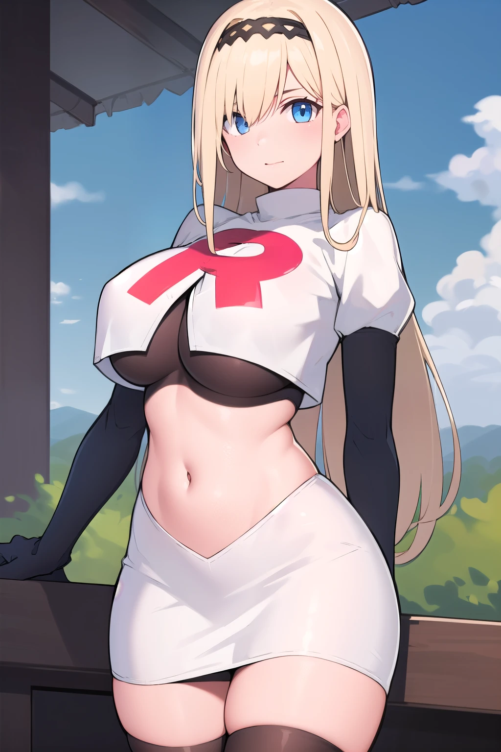 masterpiece, best quality,simple eyes,outdoors,1girl,north carolina,bangs, blonde_hair, blue_eyes,large breasts, eyebrows_visible_through_hair, hairband, long_hair, long_sleeves, looking_at_viewer, team rocket,team rocket uniform,white skirt,red letter R,crop top,black thigh-highs,black elbow gloves