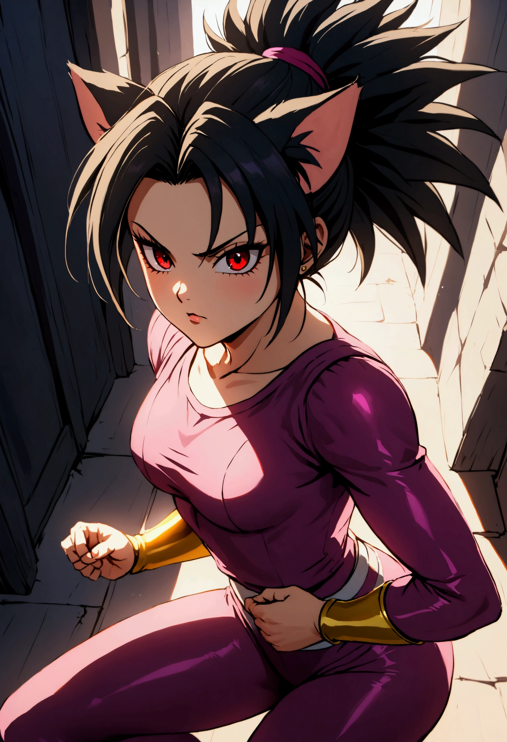 junkotvvxl Kefla style with black hair up, cat ears, red eyes, with purple top and leggings, One punch man style